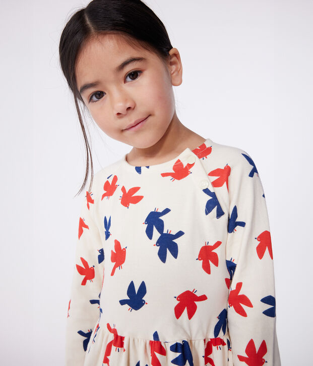 Vestido infantil de algod&oacute;n de manga larga con estampado crudo/multicolor