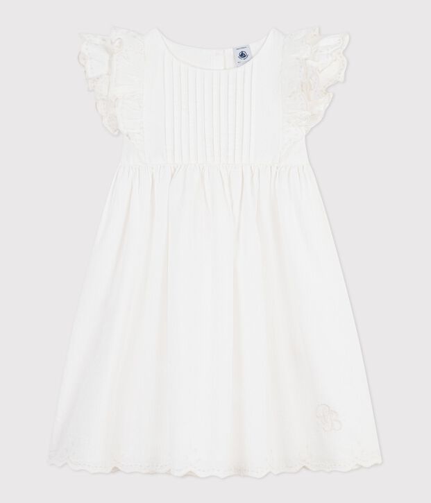 Vestido infantil liso de algod&oacute;n de manga corta blanco