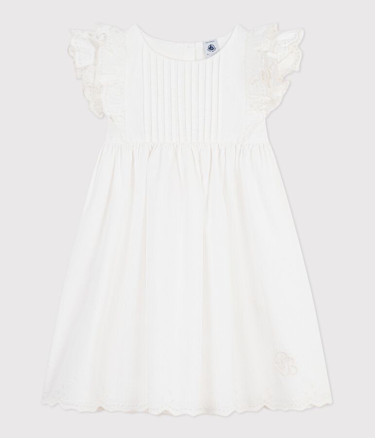 Vestido infantil liso de algod&oacute;n de manga corta blanco