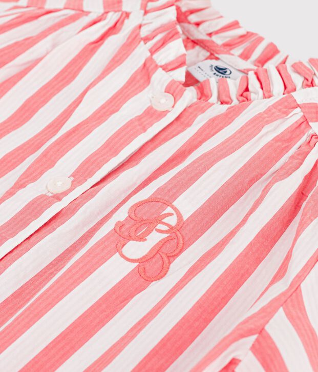 Blusa infantil de algod&oacute;n de manga corta a rayas rosa/blanco