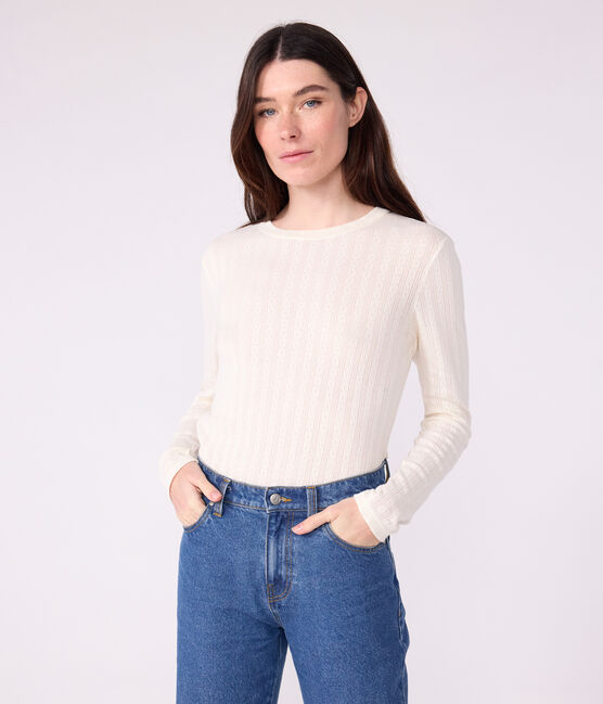 Camiseta Icónica de manga larga de algodón calado para mujer crudo MILK