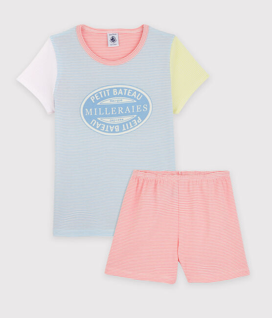 Pijama corto mil rayas de colores de niña de algodón azul JASMIN/blanco MULTICO
