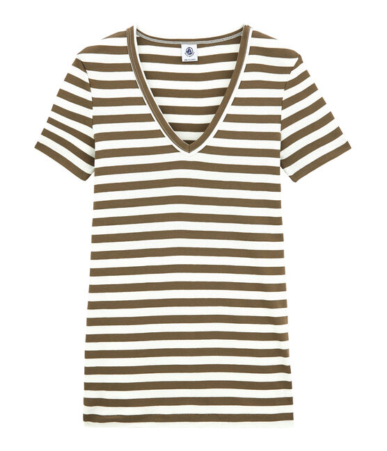 Camiseta de canalé original de rayas con cuello en pico para mujer marron SHITAKE/blanco MARSHMALLOW