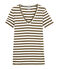 Camiseta de canalé original de rayas con cuello en pico para mujer marron SHITAKE/blanco MARSHMALLOW