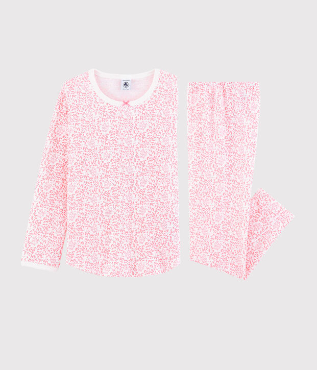 Pijama de punto con flor rosa para ni&ntilde;a blanco/rosa