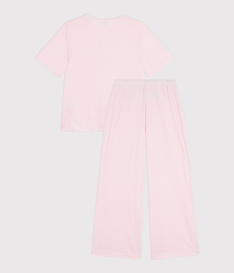 Pijama de algod&oacute;n a rayas de pernera ancha para mujer rosa/blanco