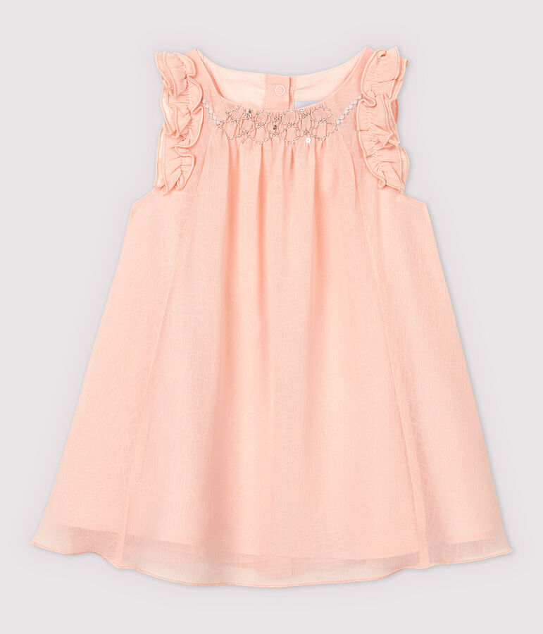 Vestido de manga corta de crep&eacute; de beb&eacute; ni&ntilde;a rosa MINOIS