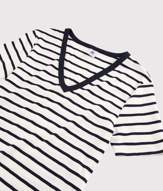 Camiseta de cuello de pico emblemática de algodón a rayas de mujer blanco MARSHMALLOW/azul SMOKING
