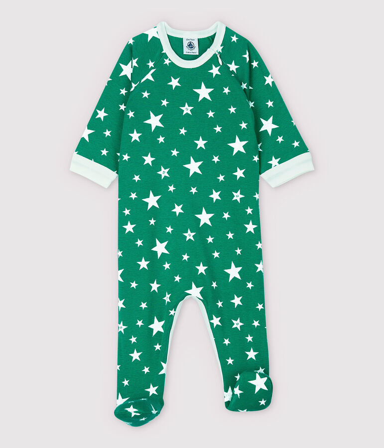 Pijama enterizo con cremallera de estrellas de algod&oacute;n de beb&eacute; verde GAZON/blanco ECUME