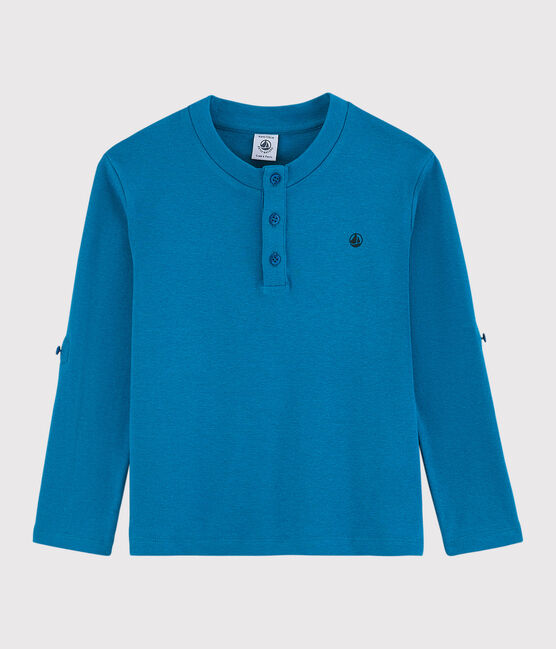 Camiseta de algodón y lino de niño azul MYKONOS