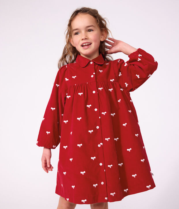 Vestido infantil de terciopelo de manga larga con estampado de lazos rojo/crudo