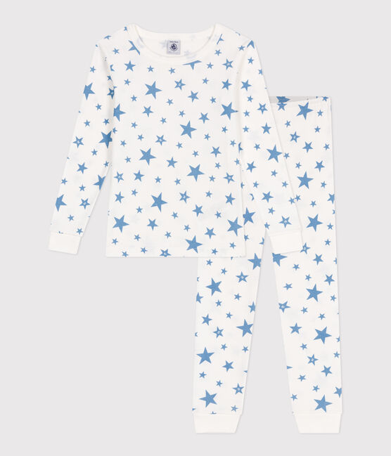 Pijama infantil muy entallado en algodón estampado  blanco MARSHMALLOW/azul ALASKA