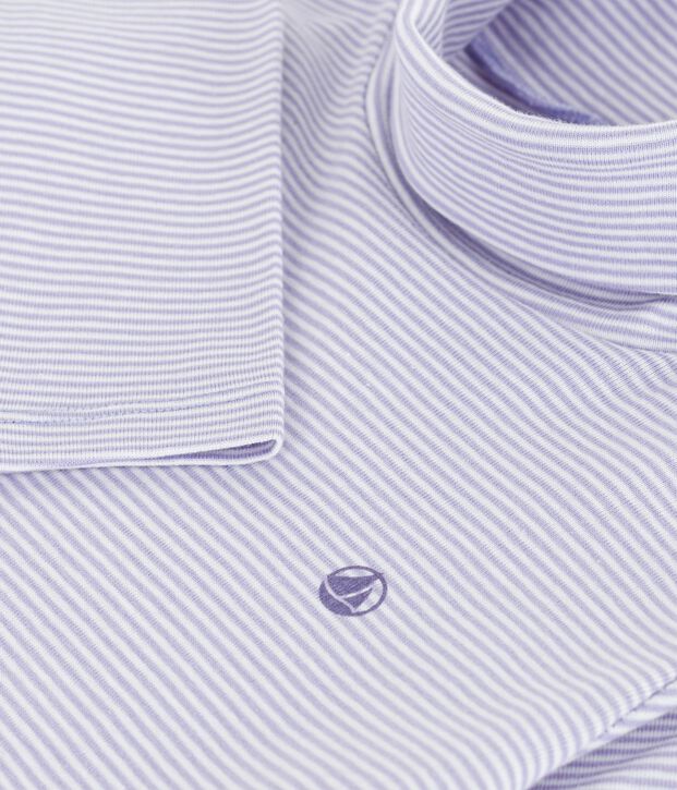 Camiseta infantil de cuello alto de algod&oacute;n a rayas violeta/blanco