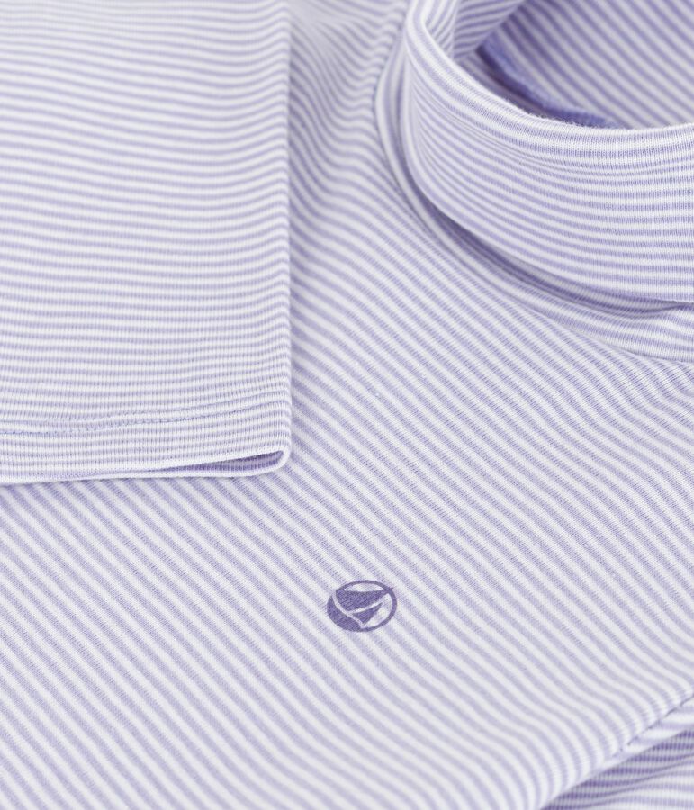 Camiseta infantil de cuello alto de algod&oacute;n a rayas violeta/blanco