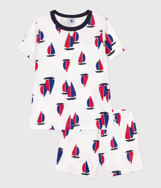Pijama corto infantil de algod&oacute;n con estampado de barcos blanco/multicolor