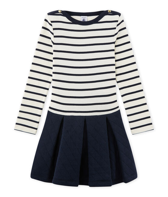 Vestido bi-materia para niña beige COQUILLE/azul SMOKING