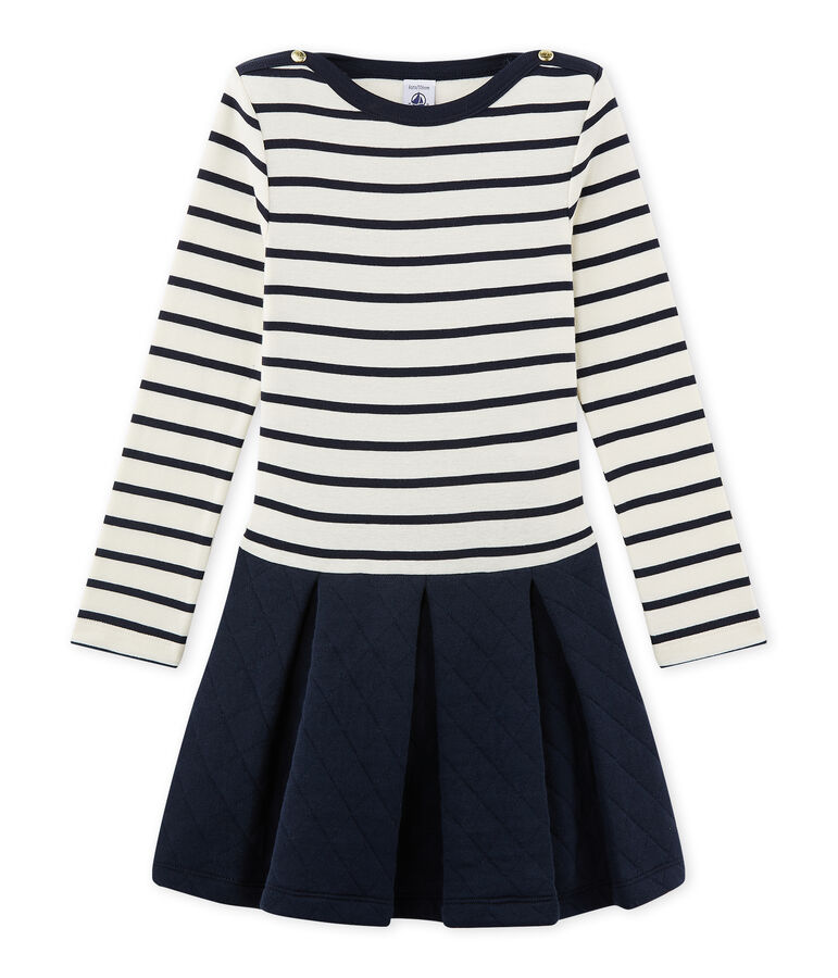 Vestido bi-materia para ni&ntilde;a beige COQUILLE/azul SMOKING