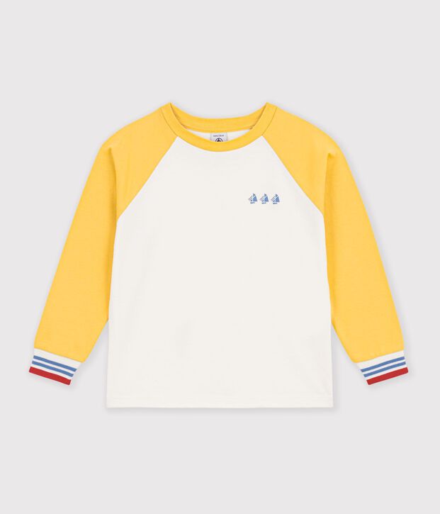 Camiseta infantil de algod&oacute;n de manga larga colorblock crudo/multicolor