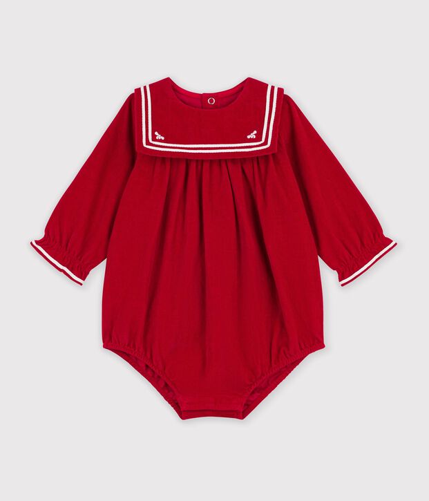 Mono corto liso de terciopelo con cuello para beb&eacute; rojo