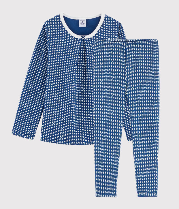Pijama estampado con corazones de ni&ntilde;a de tela t&uacute;bica azul/blanco
