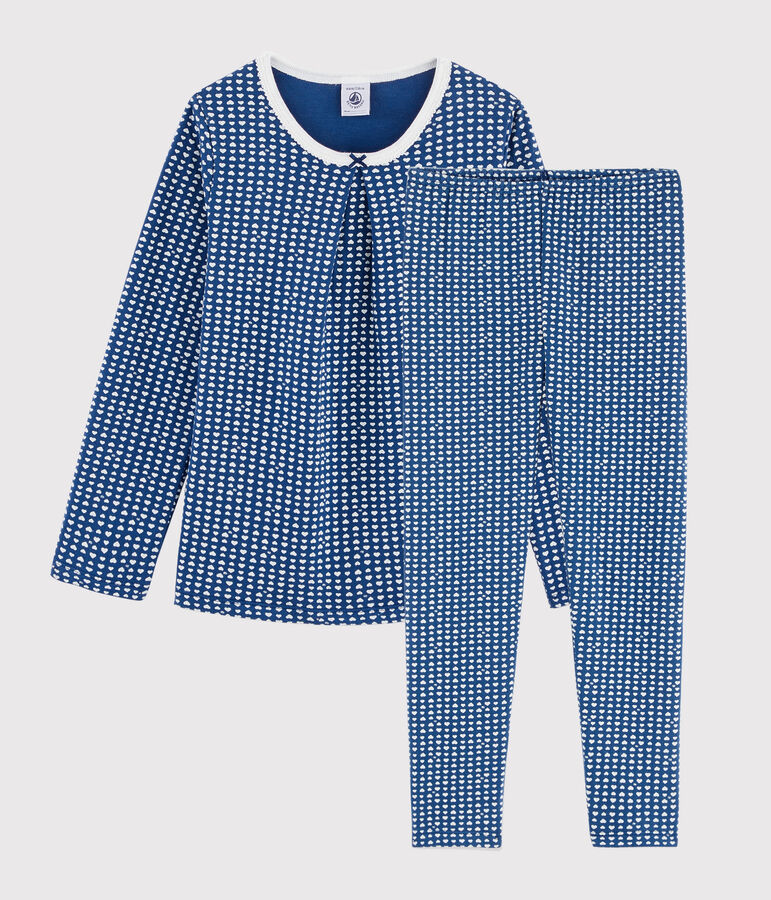 Pijama estampado con corazones de ni&ntilde;a de tela t&uacute;bica azul/blanco