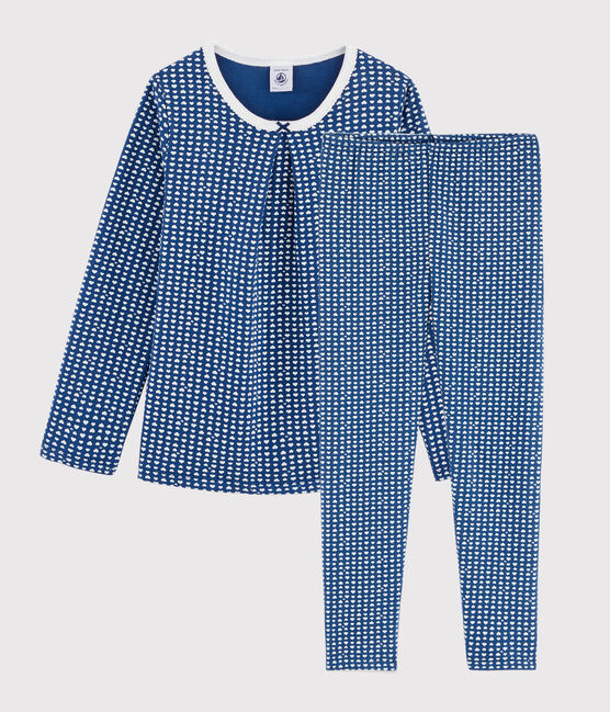 Pijama estampado con corazones de niña de tela túbica azul MAJOR/blanco MARSHMALLOW