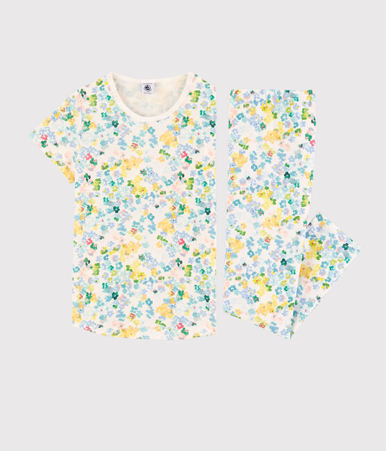 Pijama de flores de acuarela de niña de algodón blanco MARSHMALLOW/blanco MULTICO