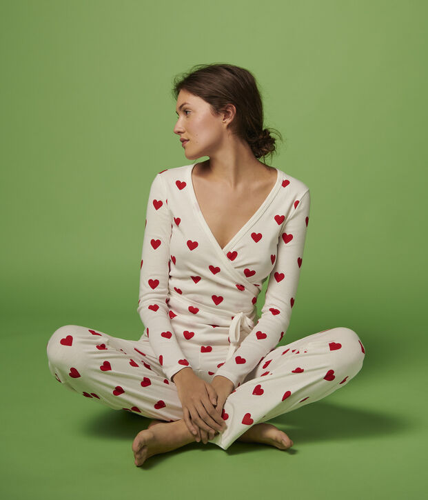 Rebeca cruzada de algod&oacute;n con corazones de mujer blanco/rojo