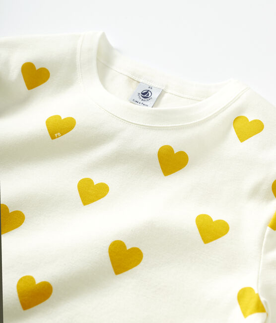 Camiseta de cuello redondo con corazones de algodón de mujer blanco MARSHMALLOW/amarillo OCRE