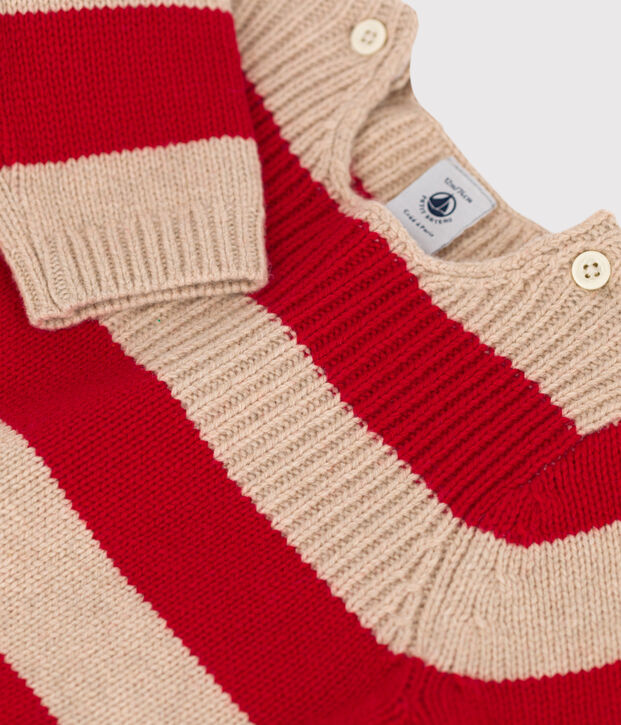 Jersey de punto tricotado de lana y algod&oacute;n a rayas para beb&eacute; beige/rojo