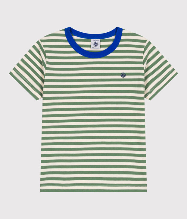 Camiseta infantil de manga corta de algod&oacute;n con rayas verde/crudo