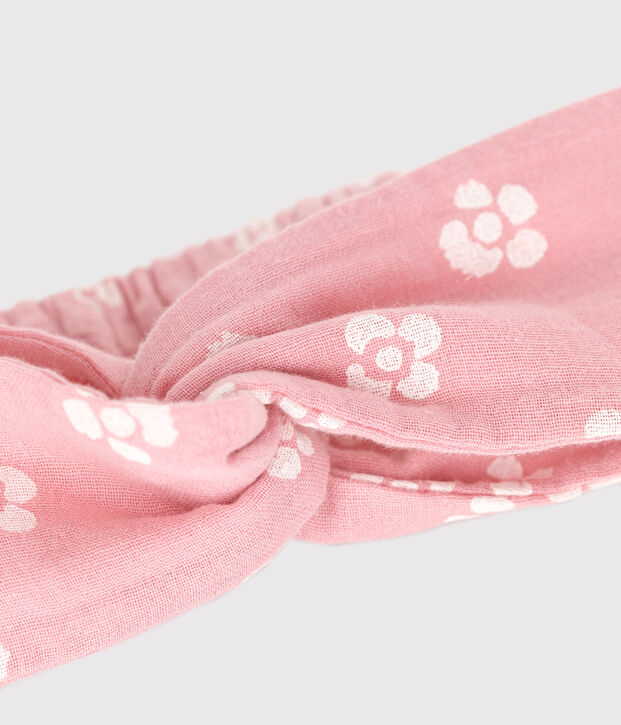 Diadema infantil en gasa de algod&oacute;n con estampado de flores rosa/blanco