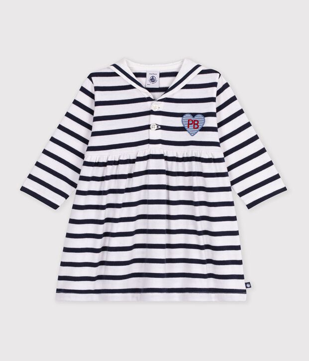 Vestido de algod&oacute;n de manga larga con rayas marineras para beb&eacute; blanco/azul