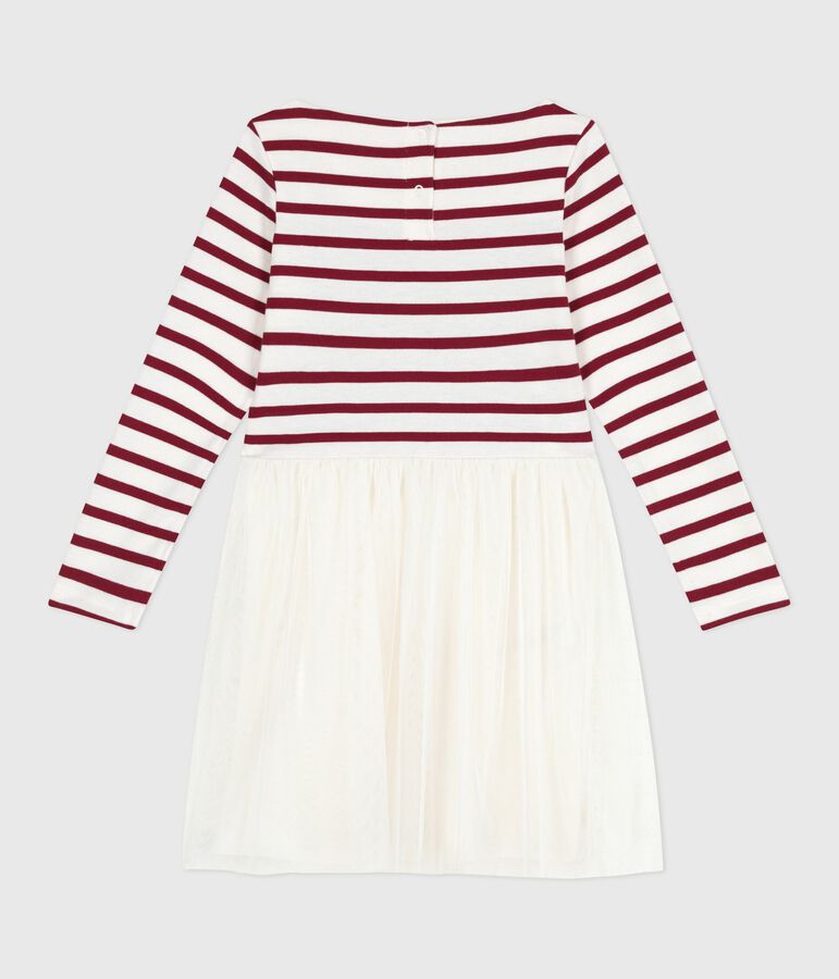 Vestido infantil de manga larga de algod&oacute;n y tul crudo/rojo