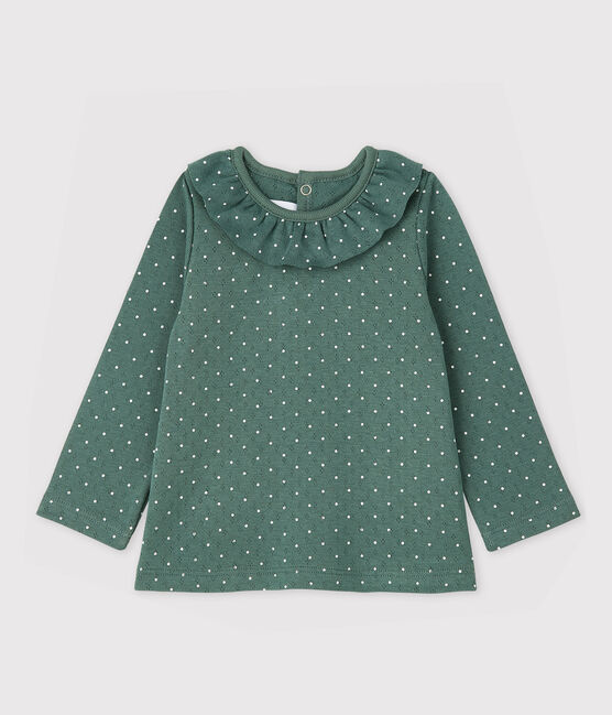 Blusa con cuello de gorguera de algodón de bebé niña verde VALLEE/blanco MARSHMALLOW
