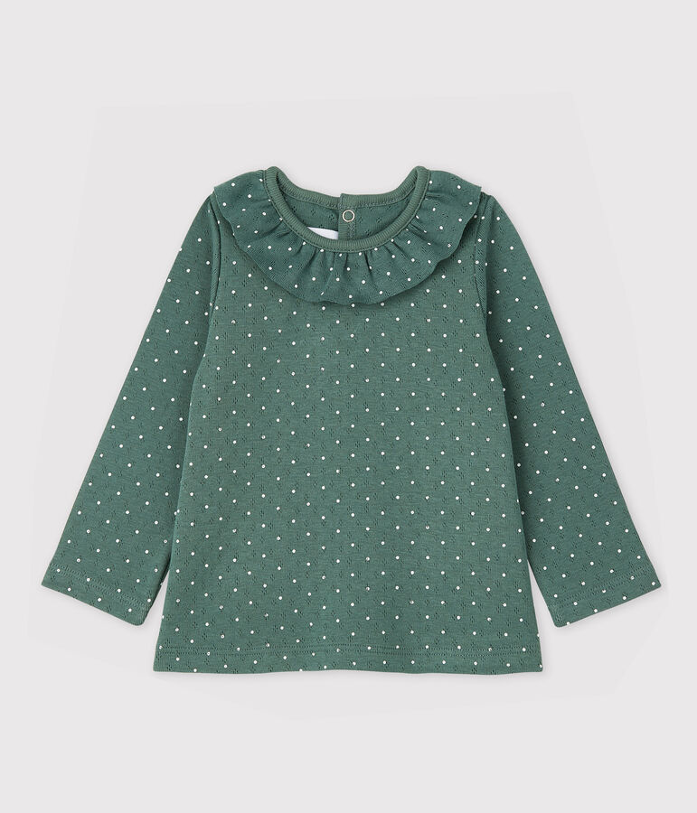 Blusa con cuello de gorguera de algod&oacute;n de beb&eacute; ni&ntilde;a verde/blanco
