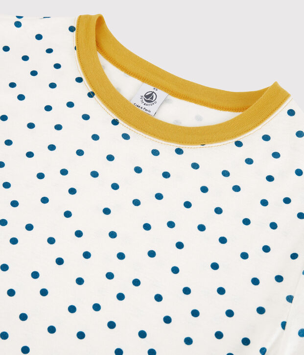 Camiseta de cuello redondo de lunares de algod&oacute;n de mujer blanco/azul
