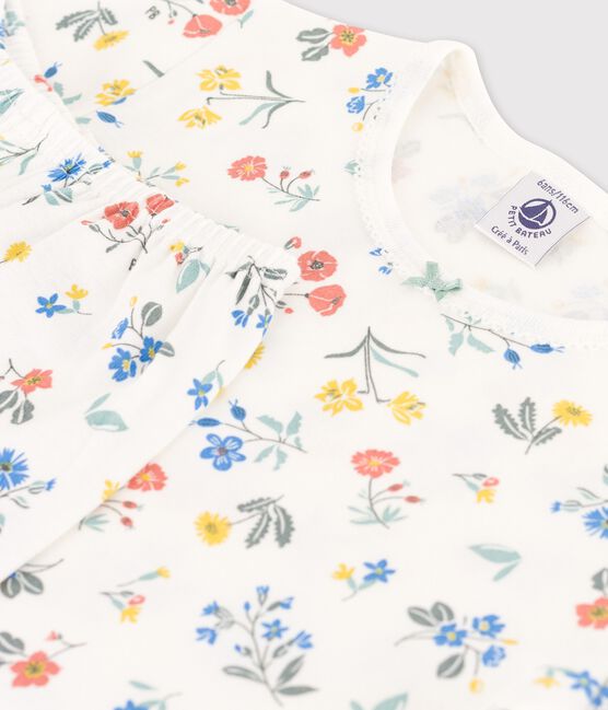Pijama de manga corta de flores de algodón de niña blanco MARSHMALLOW/blanco MULTICO