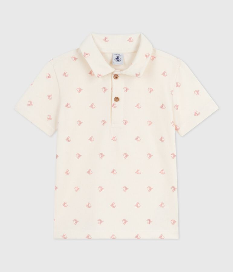 Polo infantil de algod&oacute;n estampado de manga corta crudo/rojo