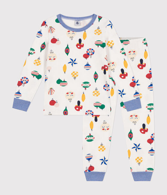 Pijama infantil de felpa cepillada con estampado de bolas de Navidad blanco MARSHMALLOW/blanco MULTICO