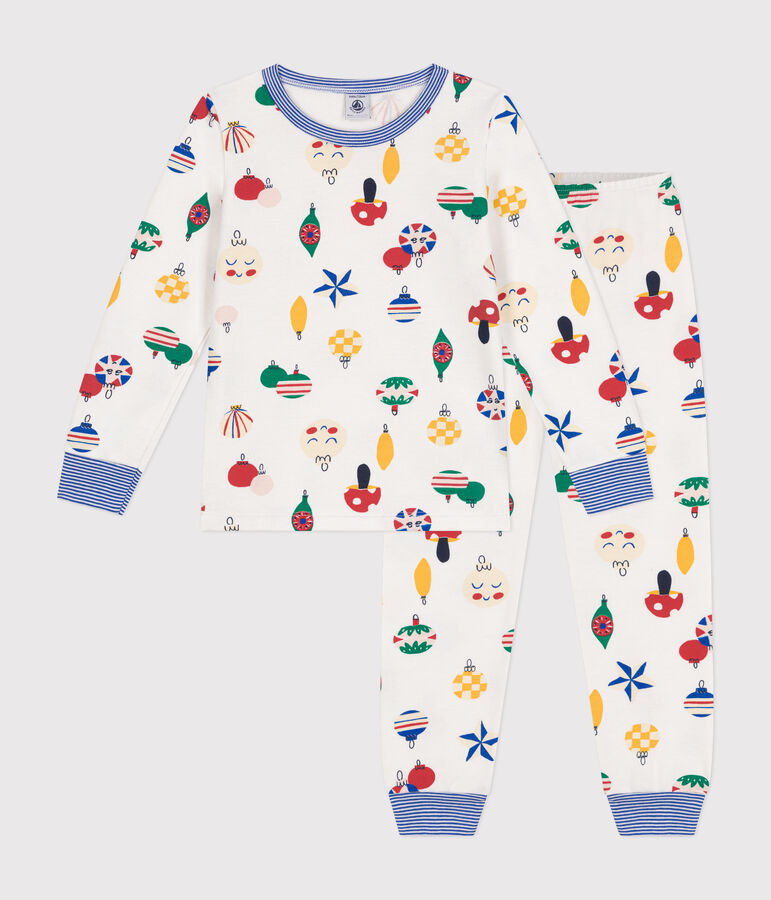 Pijama infantil de felpa cepillada con estampado de bolas de Navidad blanco/multicolor