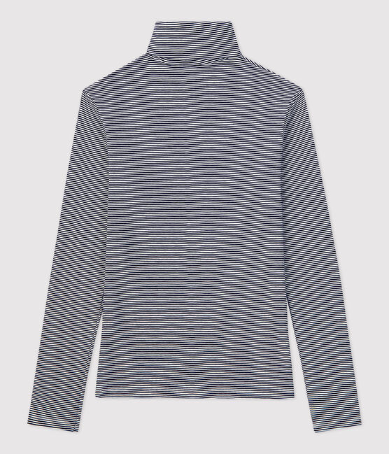 Camiseta L'ICONIQUE con cuello vuelto de algodón ORGÁNICO de mujer azul SMOKING/blanco MARSHMALLOW