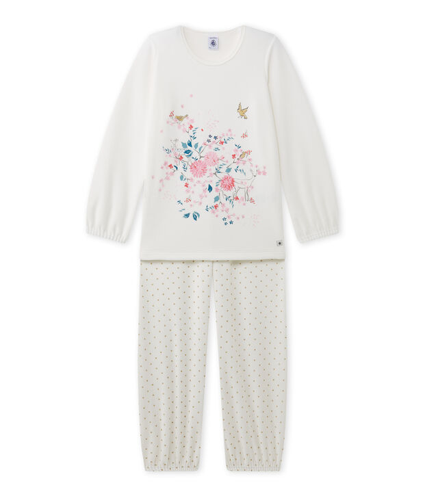 Pijama estampado de ni&ntilde;a en terciopelo blanco/amarillo