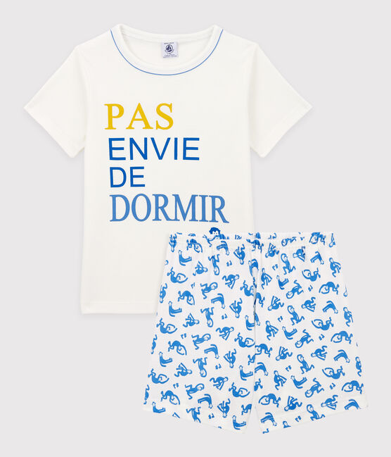 Pijama corto de algodón de niño blanco MARSHMALLOW/azul BRASIER