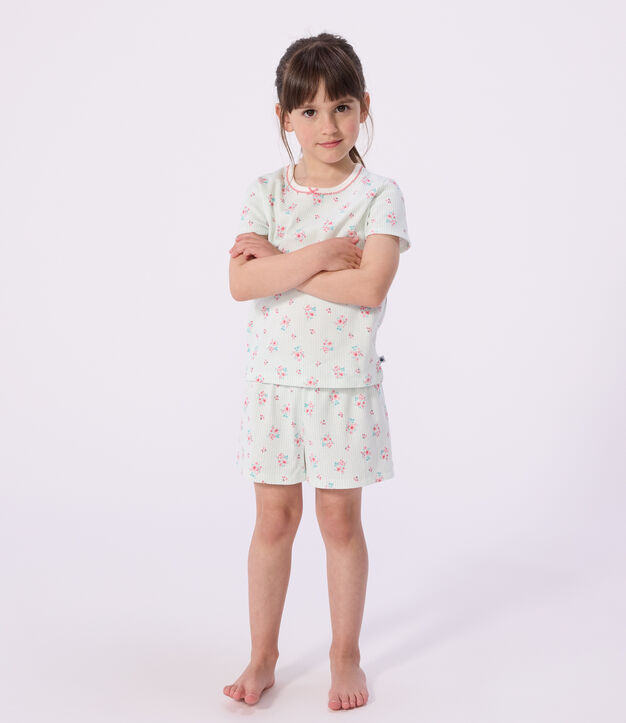 Pijama infantil corto de algod&oacute;n con estampado de flores blanco/multicolor