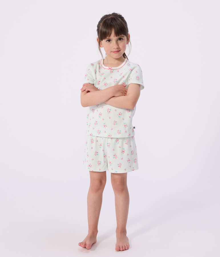 Pijama infantil corto de algod&oacute;n con estampado de flores blanco/multicolor