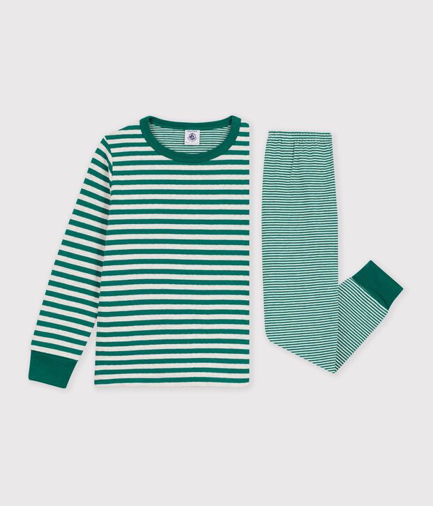 Pijama infantil de t&uacute;bico a rayas verde/beige