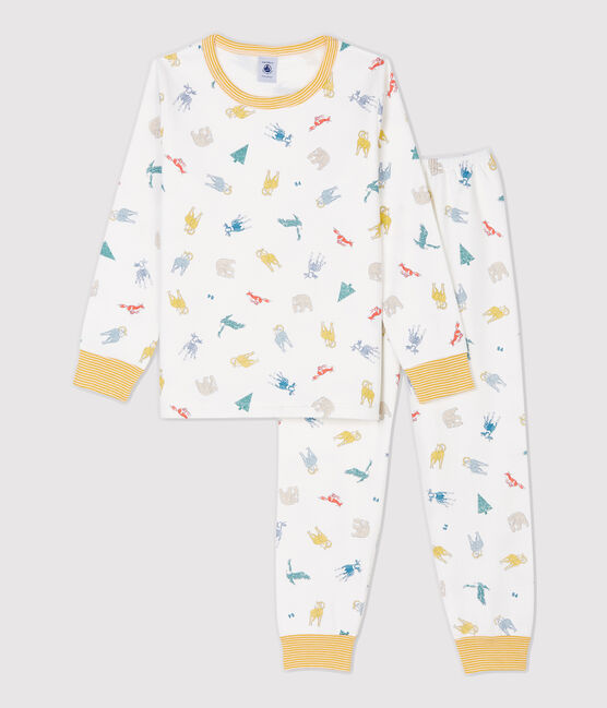 Pijama con estampado de animales de niña/niño de algodón afelpado blanco MARSHMALLOW/blanco MULTICO