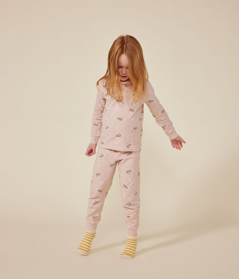 Pijama infantil de felpa cepillada con estampado de estrellas y corazones rosa SALINE/blanco MULTICO