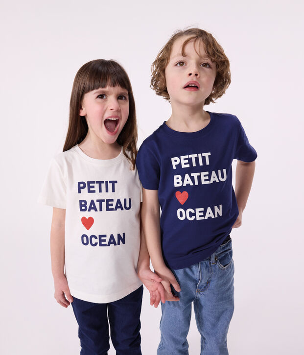 Camiseta infantil unisex de manga corta de algod&oacute;n con estampado blanco